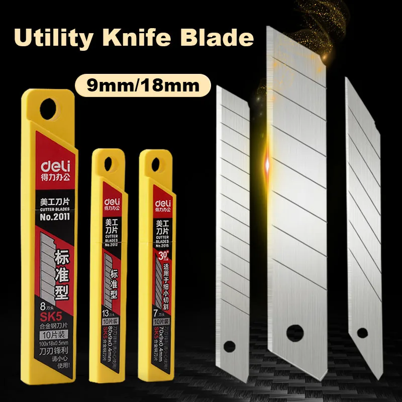 Utility Knife Deli Knife Blade 9mm 18mm SK5 Metal Blades 30/50/100pcs For Home School Supplies Art Craft Paper Box Cutting