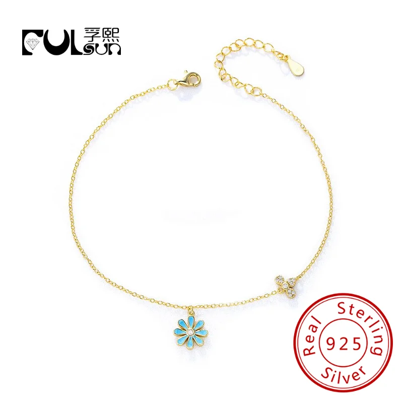 

Enamel flower bead chain light blue beach style daisy Anklet Newest custom anklet 925 Sterling silver 18k gold plated anklet