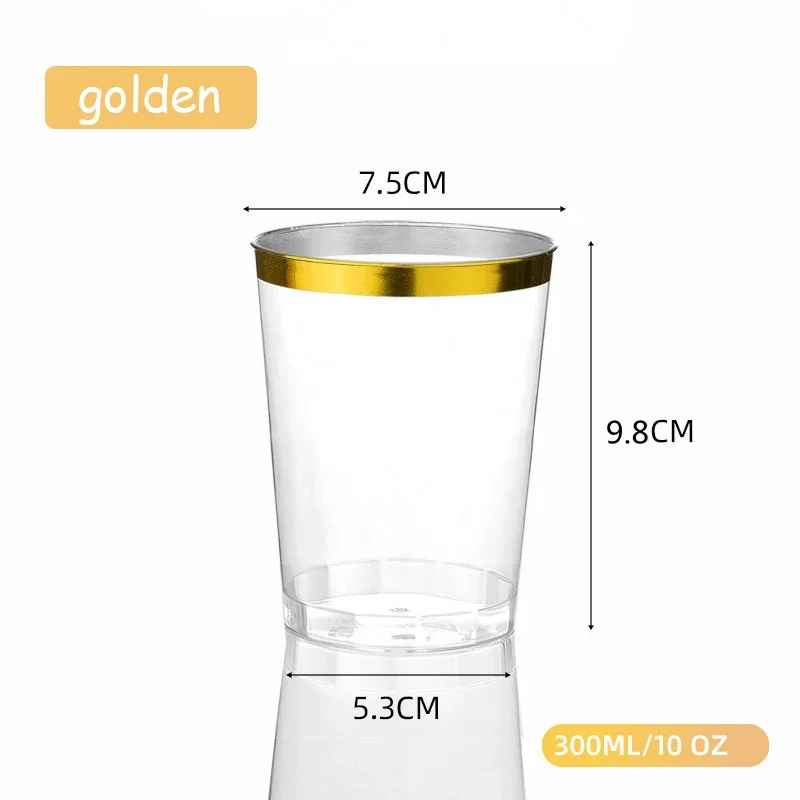 25pcs Golden Plastic Rim Cup 10oz Hard Disposable Cup Plastic Wine Party Wedding Transparent Plastic Rim Gold Rim cup