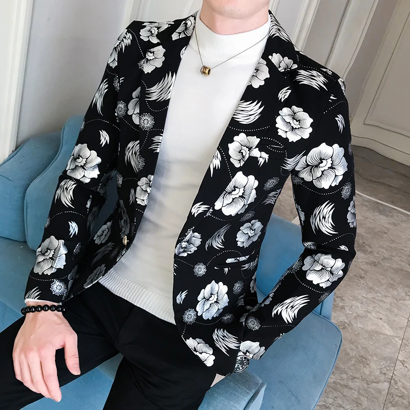 2024 Four Seasons Men Hot Stamping Floral Fashion Handsome Printed Business Casual Suit Korean Version Slim-fit Suit  Blazer 3