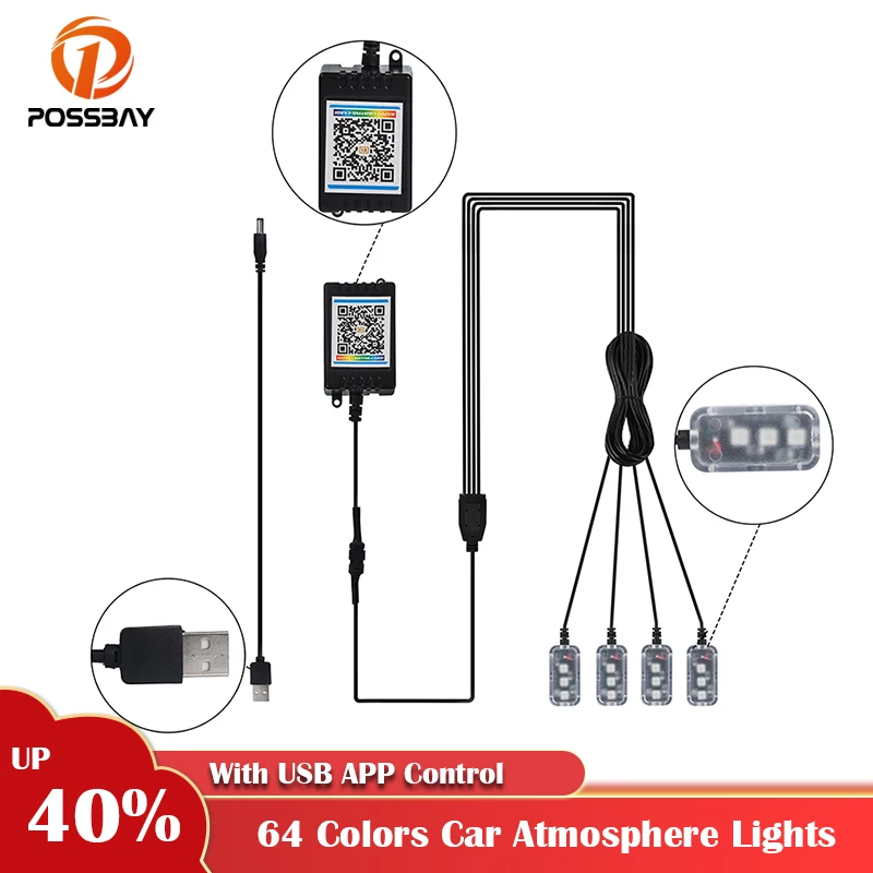 

POSSBAY автомобиля атмосферу светильник Светодиодная лента USB Авто ножные окружающей среды Подсветка светильник Управление приложение RGB декоративная интерьерная стенная панель лампы несколько светильник s