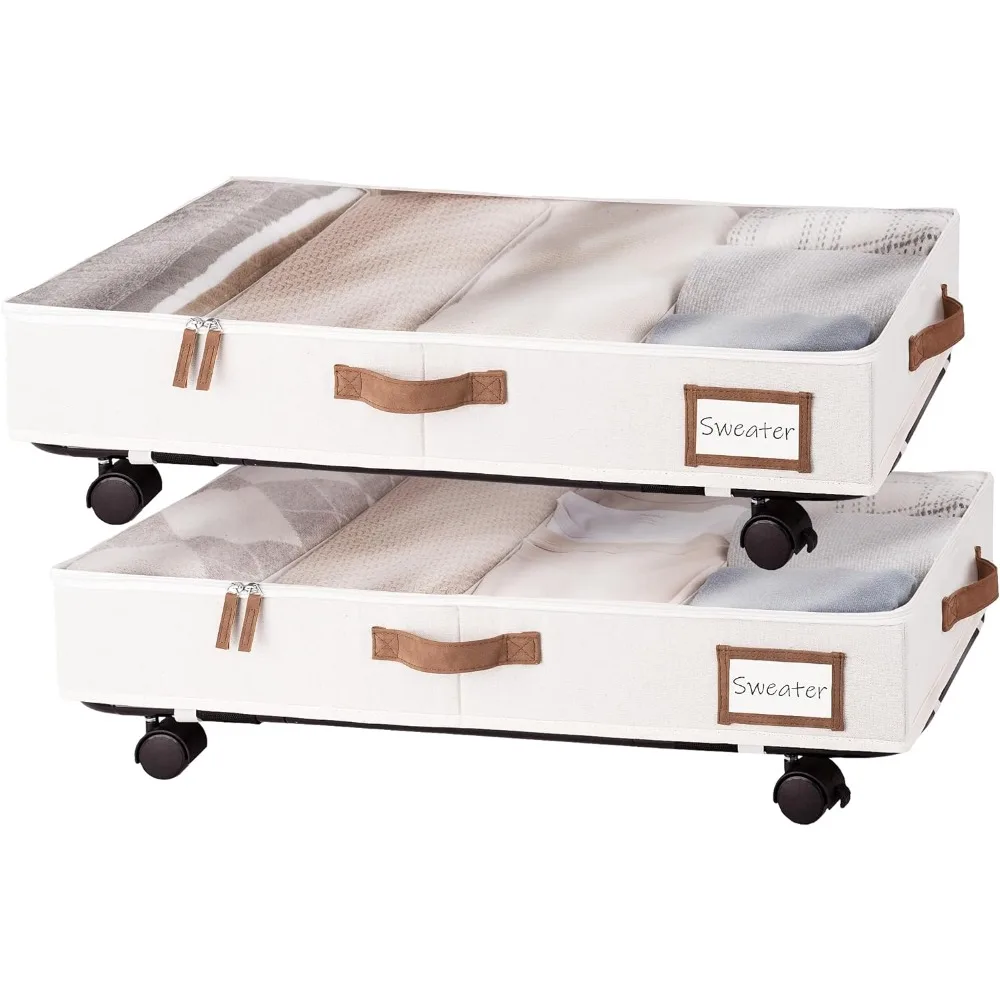 

Under Bed Storage with Wheels, Underbed Storage Containers with Handles, Rolling Storage Organizers for Clothes, Blankets, Beige