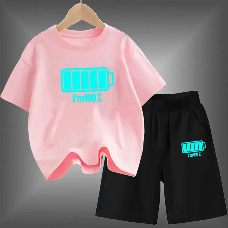 Kids Luminous Clothes Set Boys Funny Battery Print 2PCS Pack Soft Cotton Summer Children T-shirt + Shorts Sport Glowing Outfits