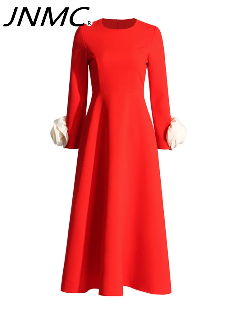 

JNMC Women's Elegant Slim Dress 2024 Spring New Design Sense Splicing Three-dimensional Flower Long-sleeved Dress