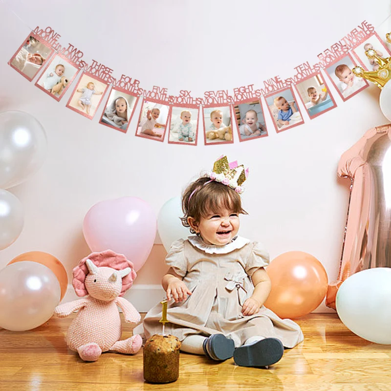 1st Birthday Photo Banner Decoration - Celebrate Baby's First Year with Monthly Milestone Picture Garland