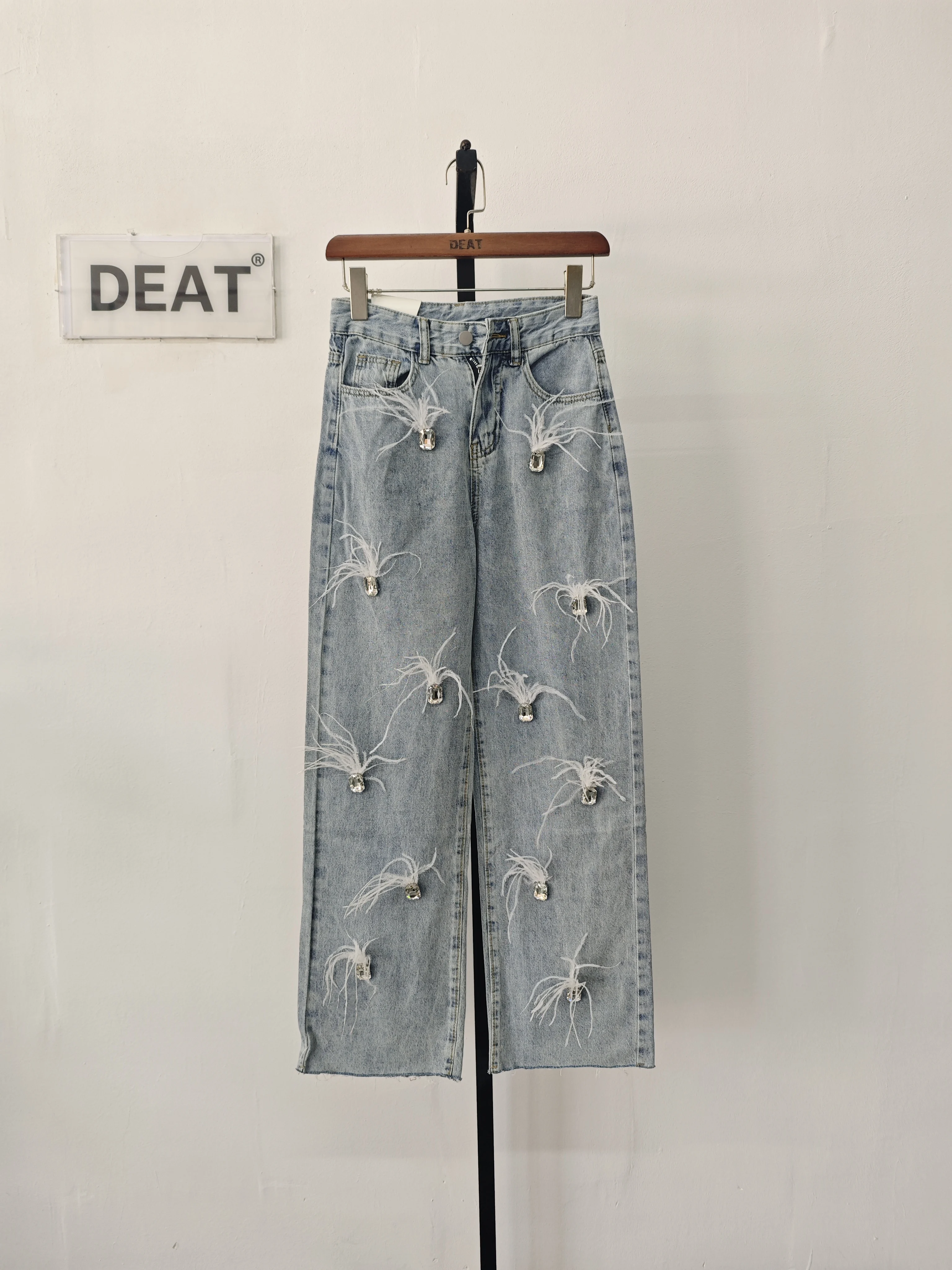 DEAT Women's Jeans High Waist Square Diamonds White Feathers