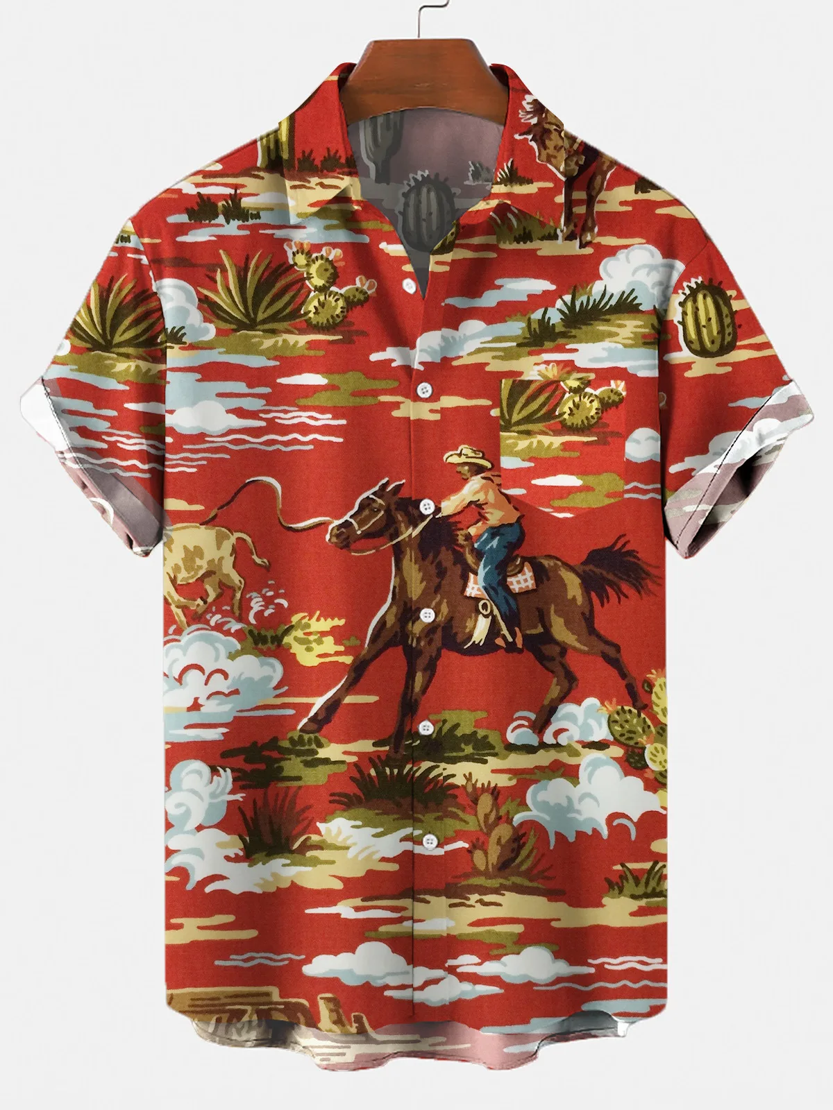 Hawaiian Cowboy Men's Shirt Cool 3D Digital Print Plus Size Western America Men's Top With Pocket Vintage Style Summer Outerwear 5