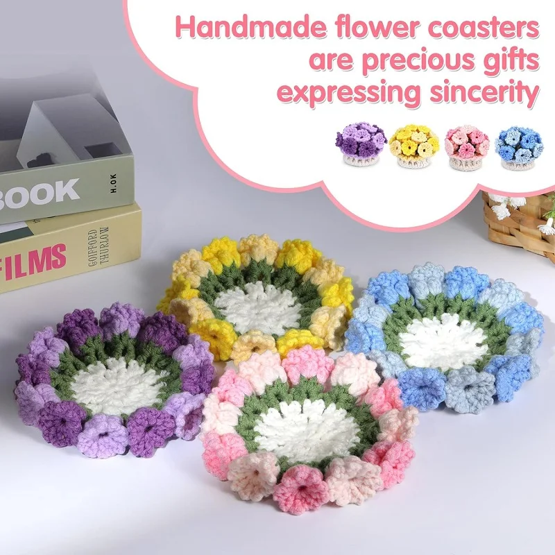 BUDDUR 4Pcs Flower Coaster Crochet Knitting Kit With Manual And Cotton Yarn Thread DIY Handmade Craft Accessories Tools Set