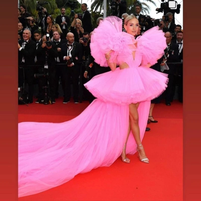 Fashion Hot Pink High Low Tulle Prom Gowns Very Lush Tulle Sleeves