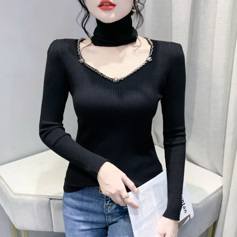 

Осенне-зимний женский свитер #3813, пуловеры с длинным рукавом, черный, красный, бежевый облегающий свитер, Женский вязаный свитер с V-образным вырезом и шарфом