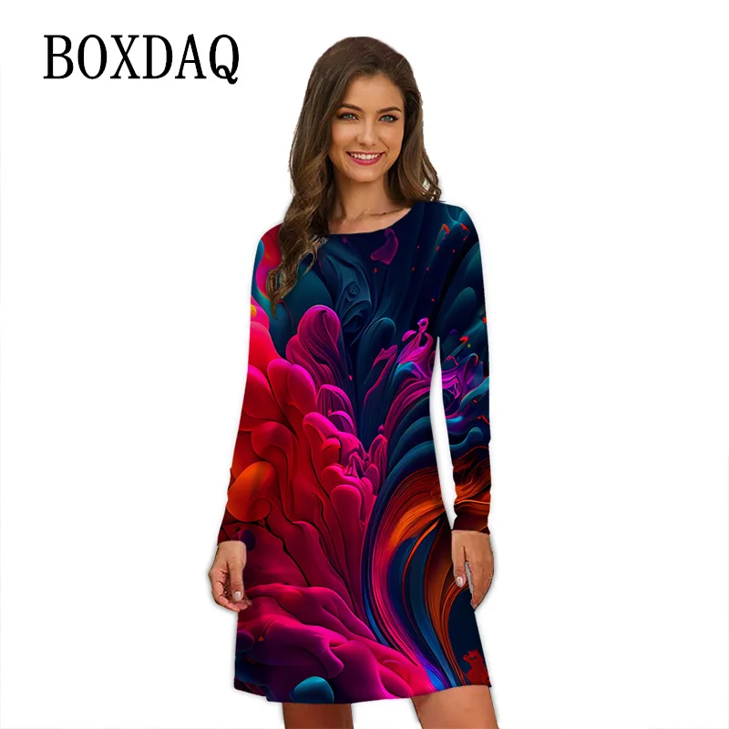 

Colorful Tie Dye 3D Printing Women Dresses Streetwear Style Autumn Clothing Long Sleeve O-Neck Loose Casual A-Line Ladies Dress