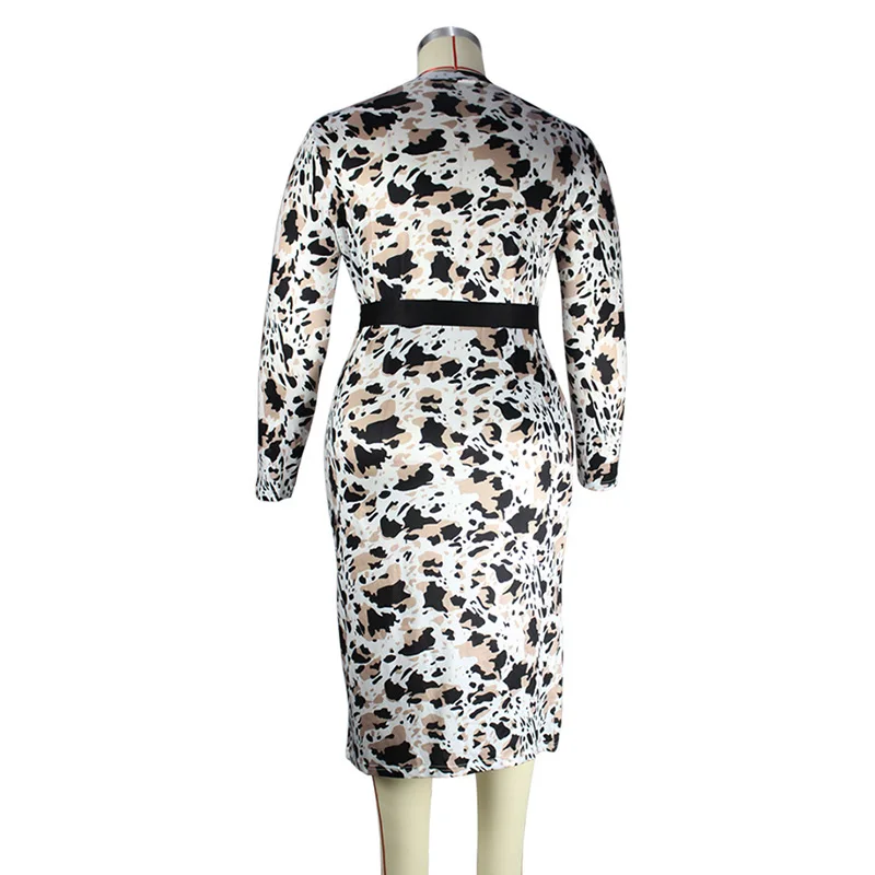 Fashion Printing Lacing Long Sleeve Bag Hip Women's Clothing Spring Autumn Office Lady Round Neck Sashes Slim Plus Size Dresses