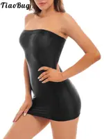 Sexy Women Oil Glossy Sheer Bodycon Dress Females See Through Strapless Pencil Dress Smooth Tight Mini Dress Clubwear 1