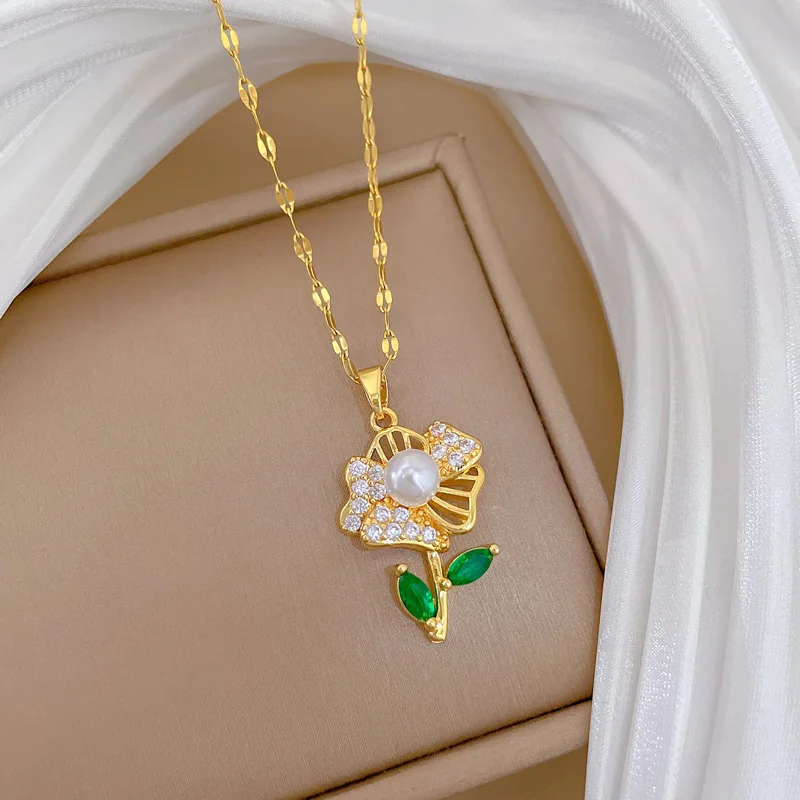 ZAKOL Luxury Shiny Zircon Pearl Flowers Pendant Necklace Earrings Set for Women Stainless Steel Chain Choker Jewelry Sets 5