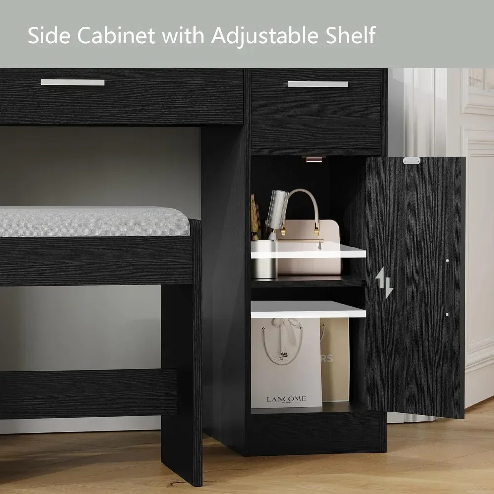 10 Led Lights, Dressing Vanity Table with Stool,Makeup Vanity with Lights, with 3 Drawers, 2 Cabinets & Long Storage Shelf 6
