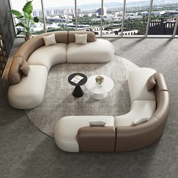 Set di divani angolari in pelle curva con struttura in legno massello, divani componibili moderni per soggiorno, comodi set di divani in pelle 1