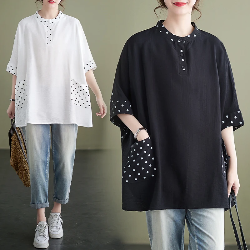 

2024 New Arrival Summer Women Casual Short Sleeve Polka Dot Pockets Patchwork Tops Tees Batwing Sleeve O-neck Cotton T-shirt S77