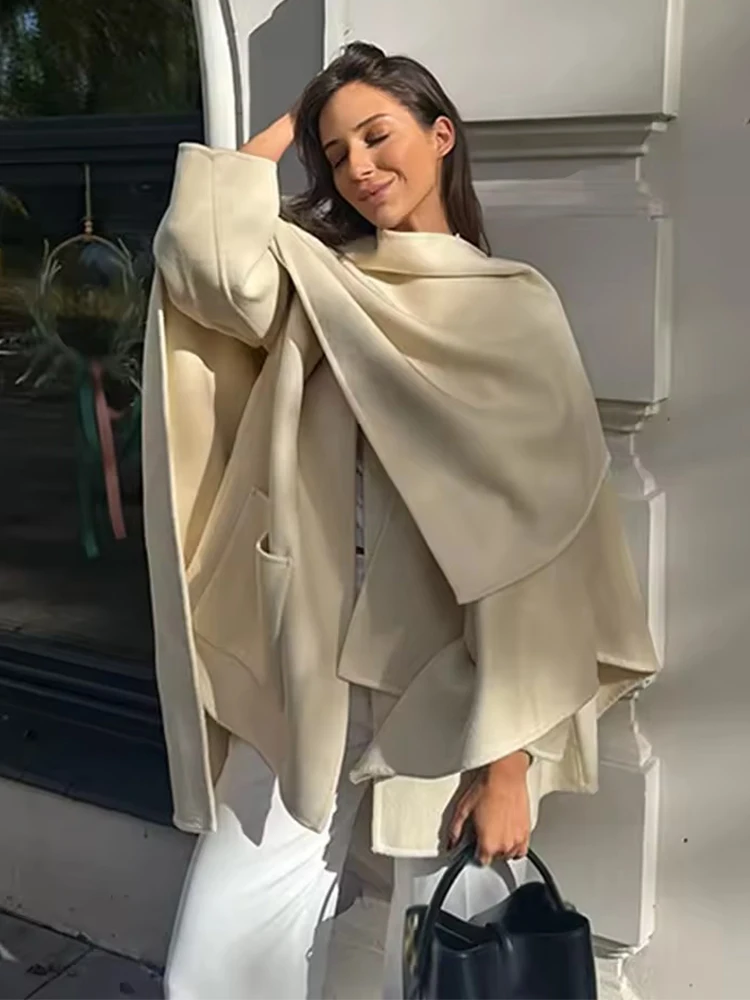 Women's Beige Shawl Cloak Woolen Coat Loose Long Sleeve Irregular Jacket Autumn Winter Chic Street Lady Outerwear Office 2025
