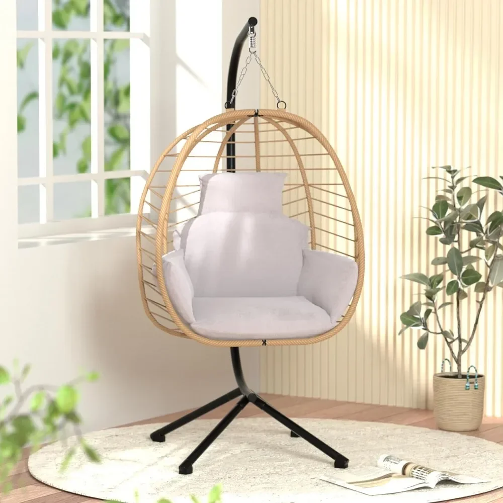 

Hanging Egg Chair with Stand Patio Hammock Swing Chair, Basket Wicker Rattan Adjustable Height UV Resistant