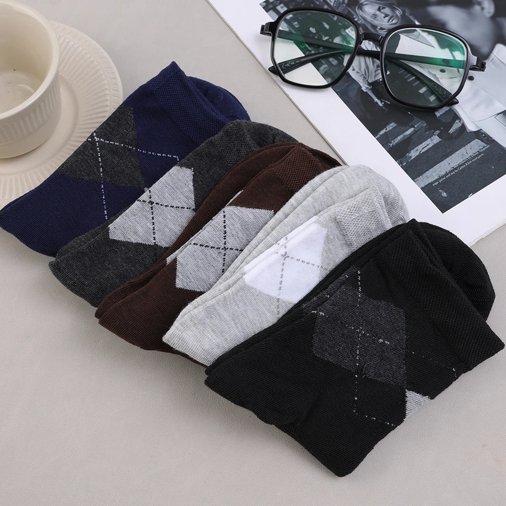 5Pairs Men Long Socks Diamond-shaped Lattice Mature Stylish Vintage Men Sock Practical  Care Skin Bamboo Fiber Sock Meia