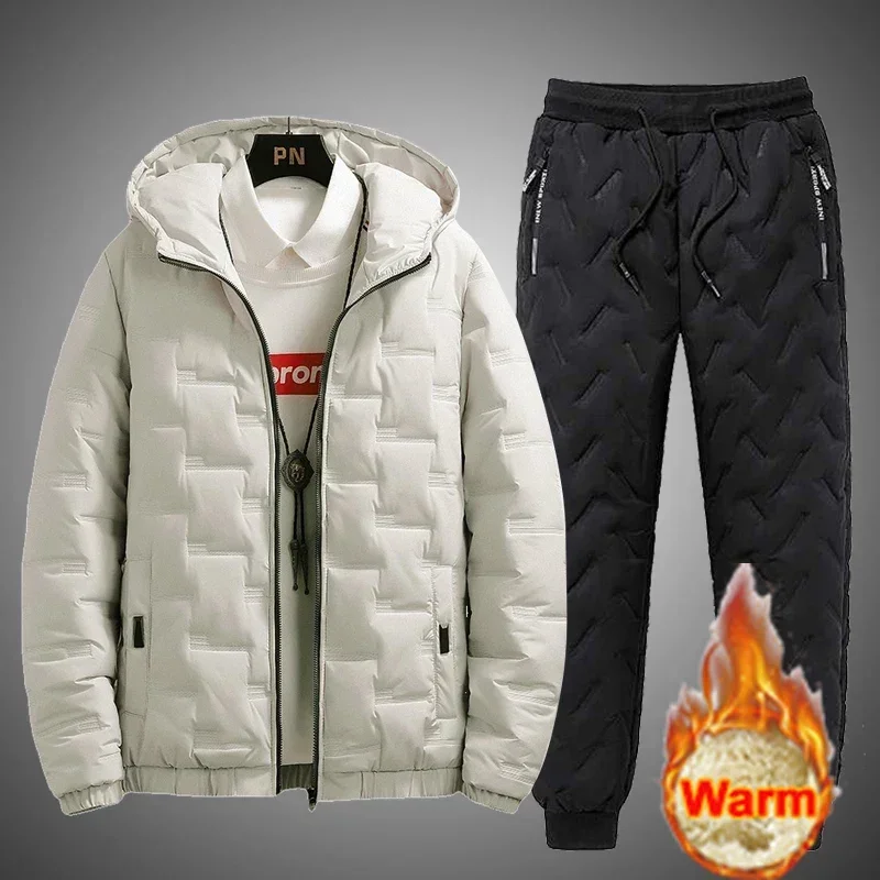 

2024 Tracksuit Men Winter Warm Men Down Cotton Jacket Zipper Coat+Down Pants Two Piece Sets Fashion Mens Joggers Set Sweat Suit