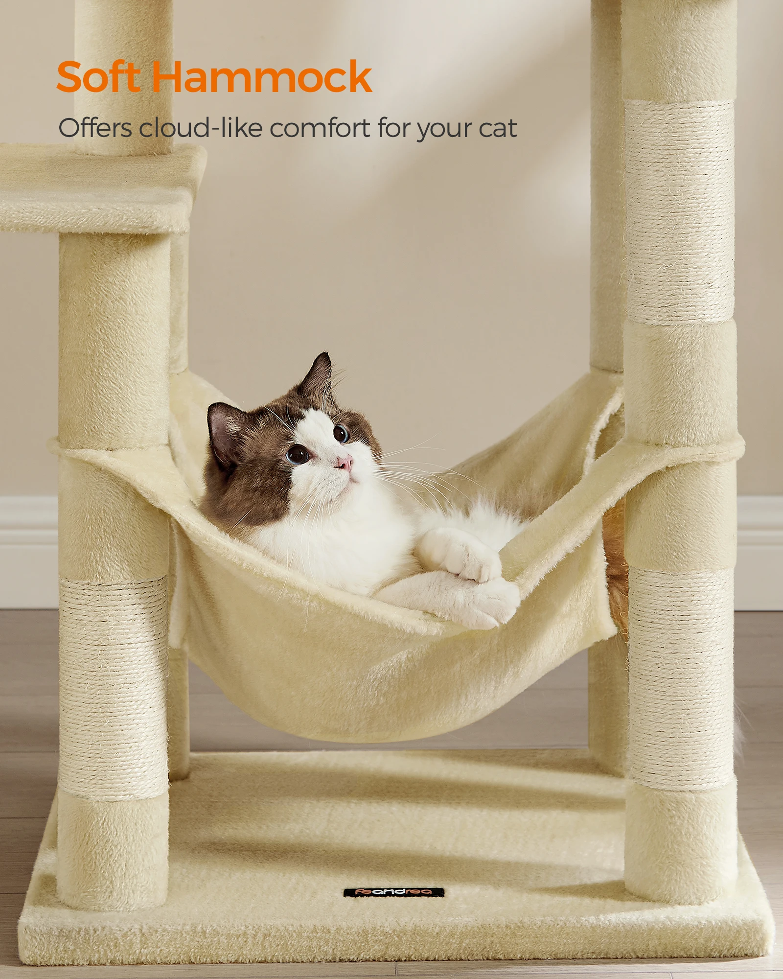 Feandrea Cat Tree, 143 cm Cat Tower, Multi-Level Plush Cat Condo with 4 Scratching Posts, 2 Perches, Cave, Hammock, Pompoms