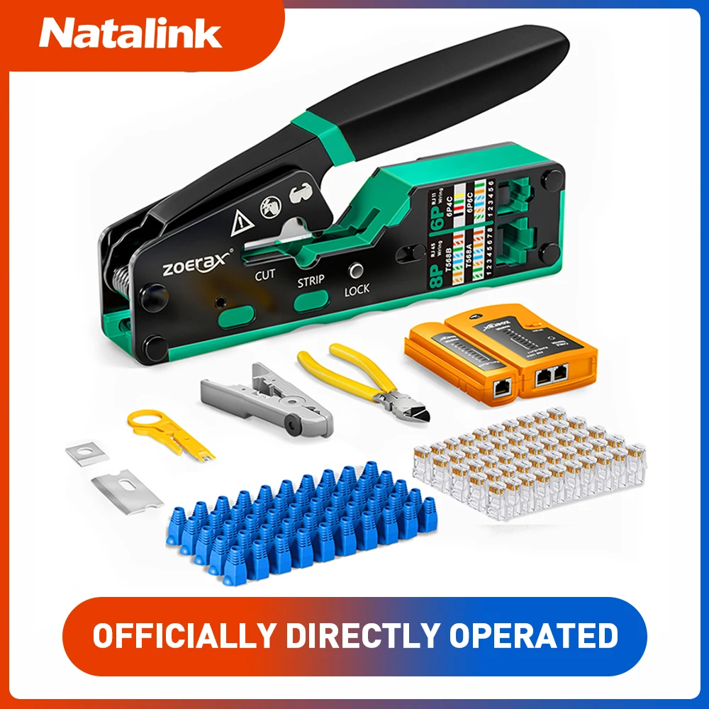 Natalink 8-in-1 RJ45 압착 도구 키트(패스 스루 크림퍼/케이블 테스터/스트리퍼 포함), STP/UTP용 Cat6 커넥터 및 부츠 50개