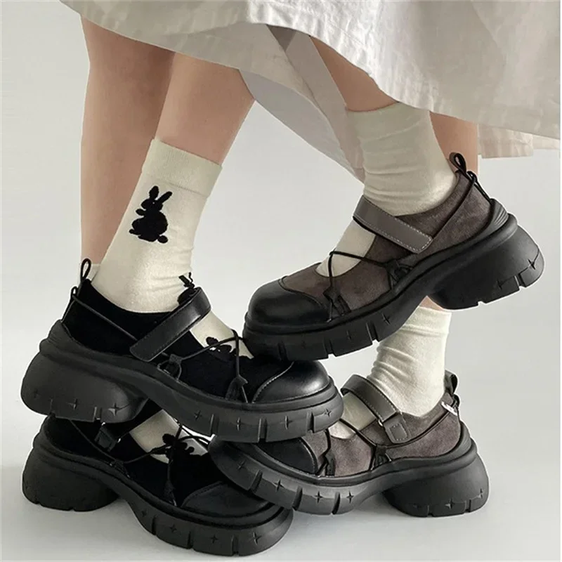 「MUVEIL×Offen」round-MARYJANE 37 Women Round Toe High Wedge Heel Mary Jane Pu Leather Pumps