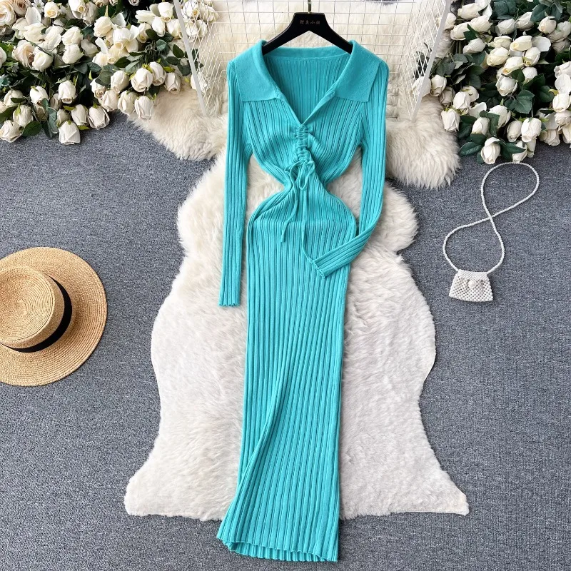 

Korean Chic Knit Sweater Dress for Women Autumn New Knitted Dress Women Design Drawstring Lace-up Lapel Slim-fit Base Dress