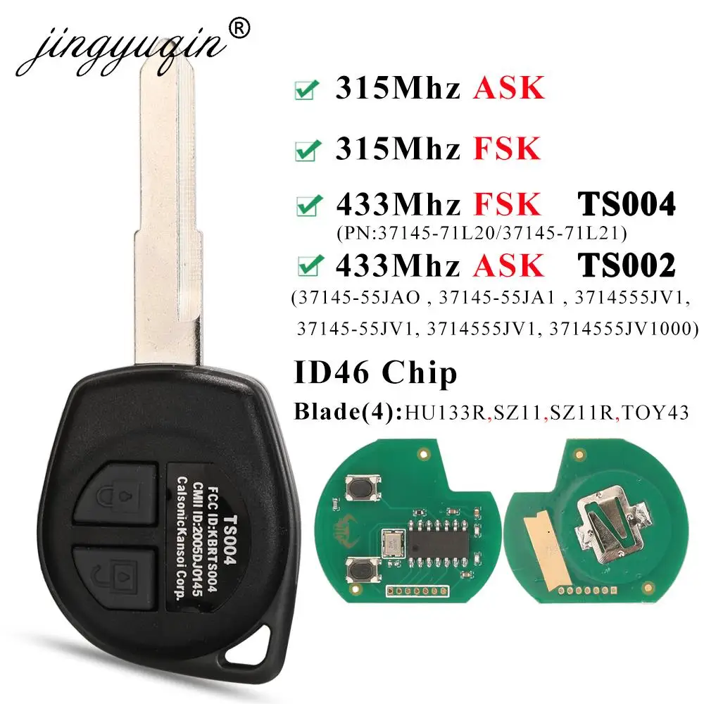 

jingyuqin 433MHz /315Mhz ASK/FSK ID46 Chip Car Remote Key for Suzuki Swift SX4 ALTO Vitara Grand Vitara Ignis JIMNY Splash Fob