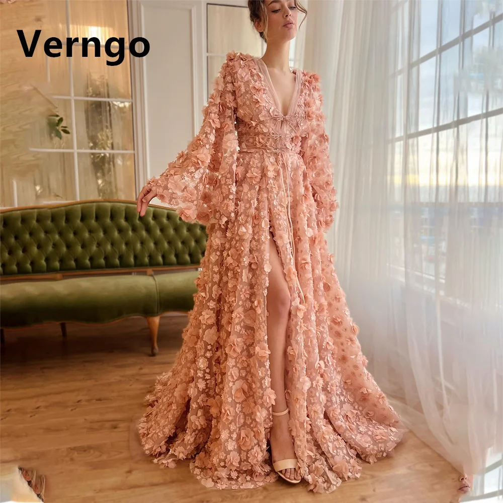 

Verngo Blush Pink Evening Dress For Women V Neck Full Sleeves Prom Gowns A Line Princess Party Dress Flowers Formal Dress Outfit