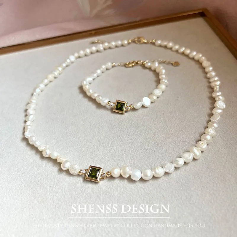 Temperament Design Natura 5-6mml Baroque Pearl Necklace Customized Jewelry for Women's Green Zircon
