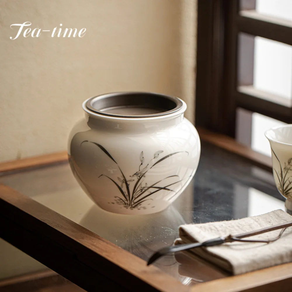 Retro Hand-painted Orchid Jianshui Ceramic Large Cup Washing Bowl with Lid 350ml Household Tea Residue Tank Water Bowl Teaware