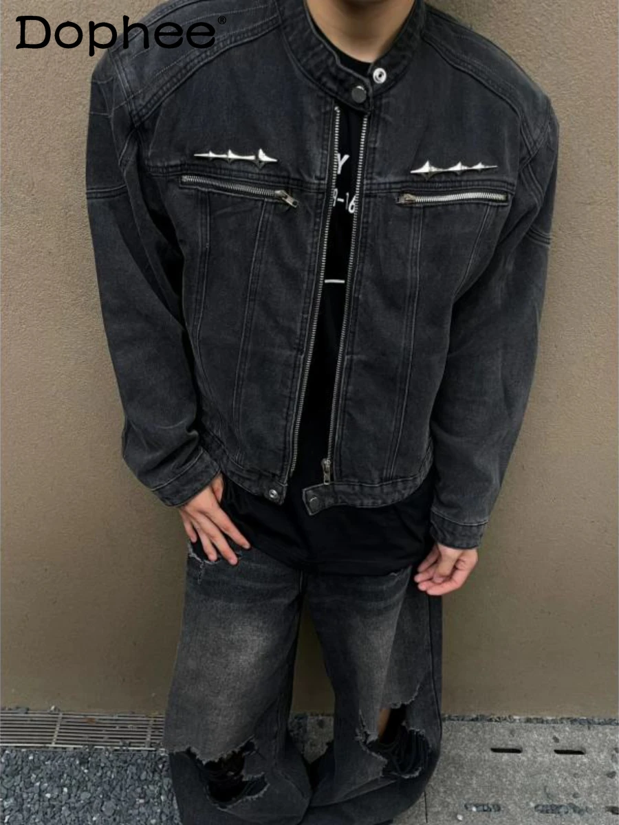 

Мужская джинсовая куртка с длинным рукавом, Короткая свободная куртка из денима с подкладкой на плечах, с воротником-стойкой, весна-осень 2024