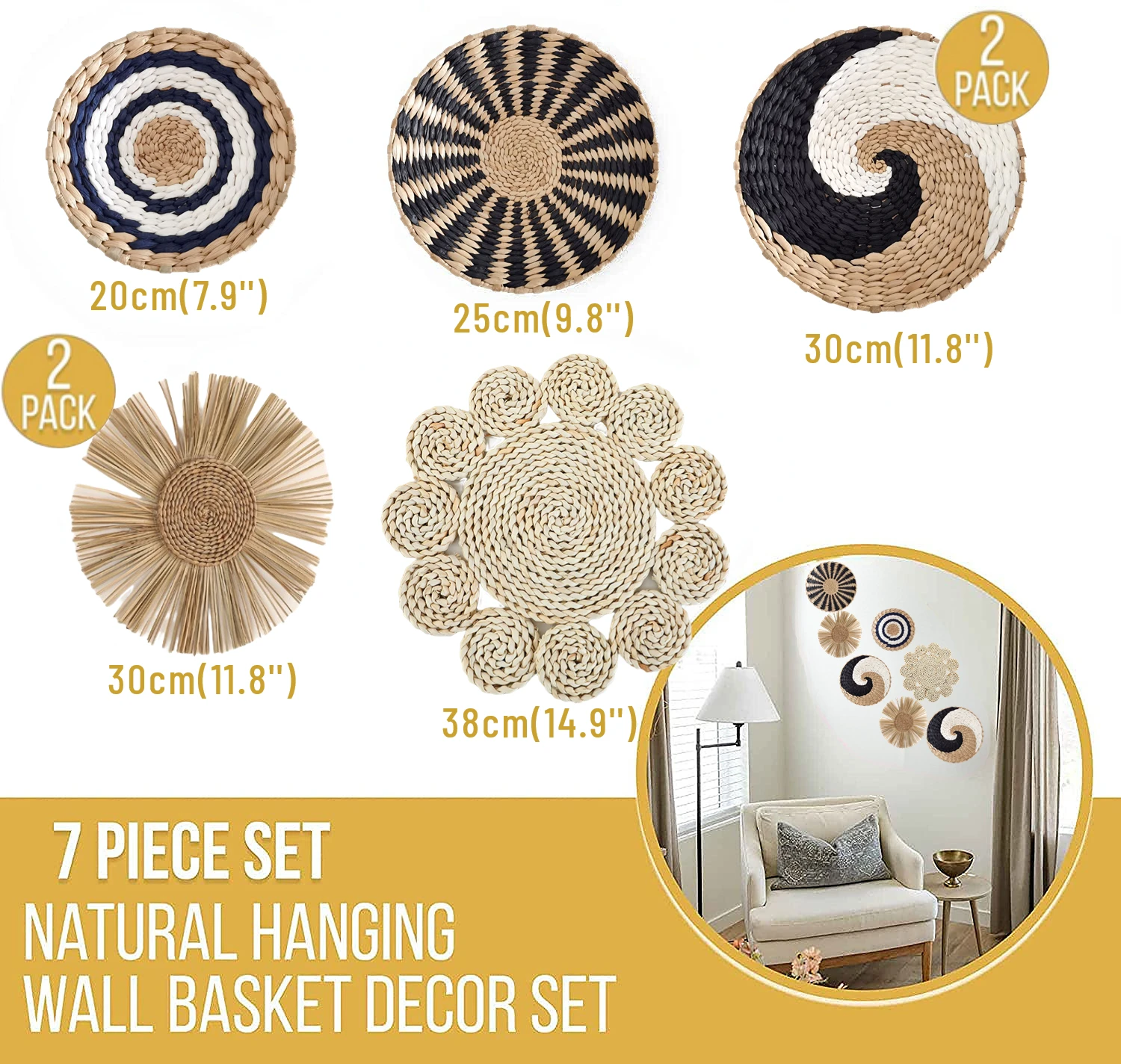 Straw Woven Wall Decoration Boho Rattan Wall Basket Decor Round Grass Weaving Ornament Rustic Seagrass Flat Hoom Hanging Crafts 6