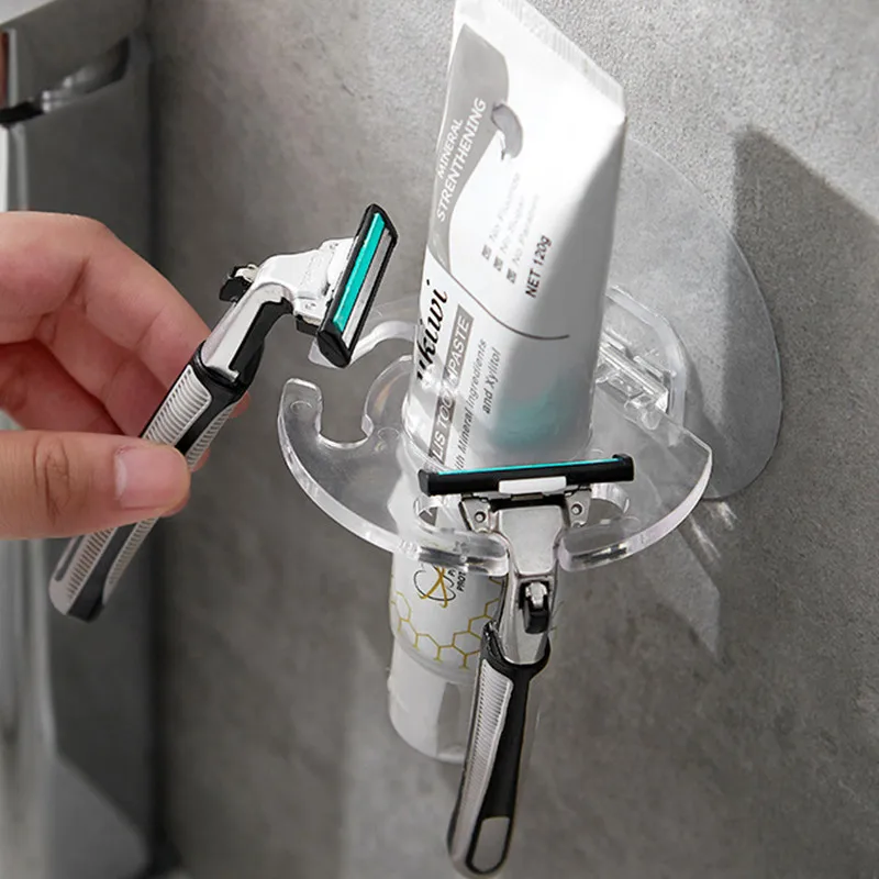 Toothbrush Holder Toothpaste Dispenser Self Adhesive Wall Mounted No Drilling Razor Storage Rack Bathroom Accessories