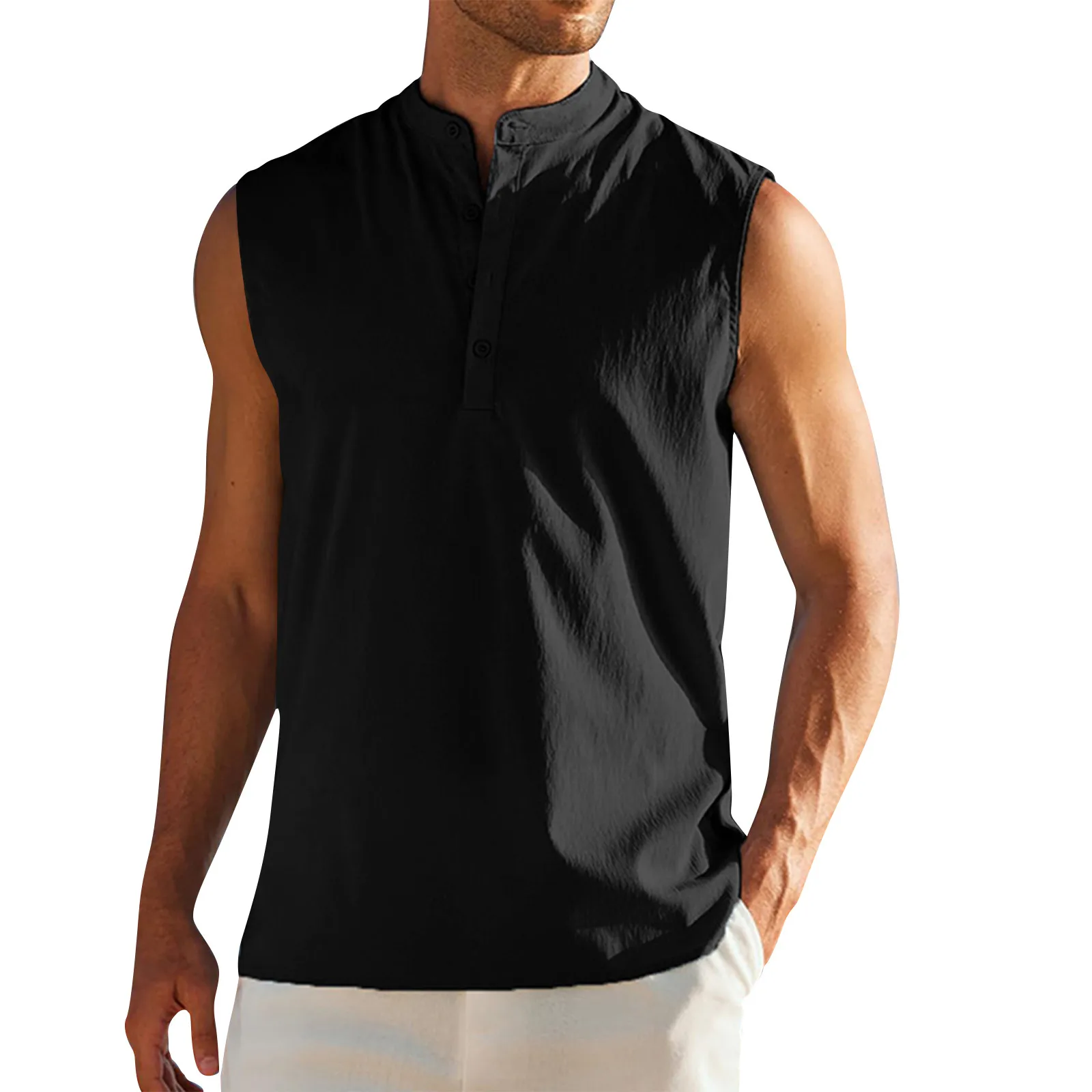 

Мужские новые полуоткрытые майки, Однотонная рубашка без рукавов, уличная мужская повседневная спортивная универсальная майка, топы с пуговицами