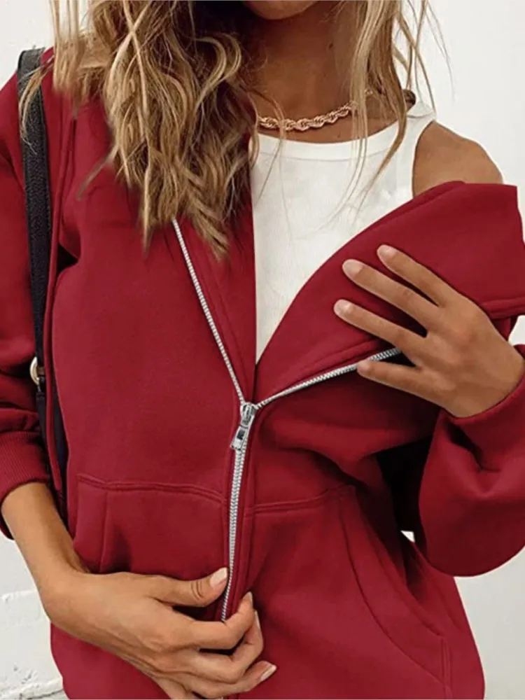 Fashion Gray Zip Up Sweatshirt Women Autumn Winter Jacket Clothes Hoodies Daily Pockets Long Sleeve Solid Versatile Lady Hoodies 4