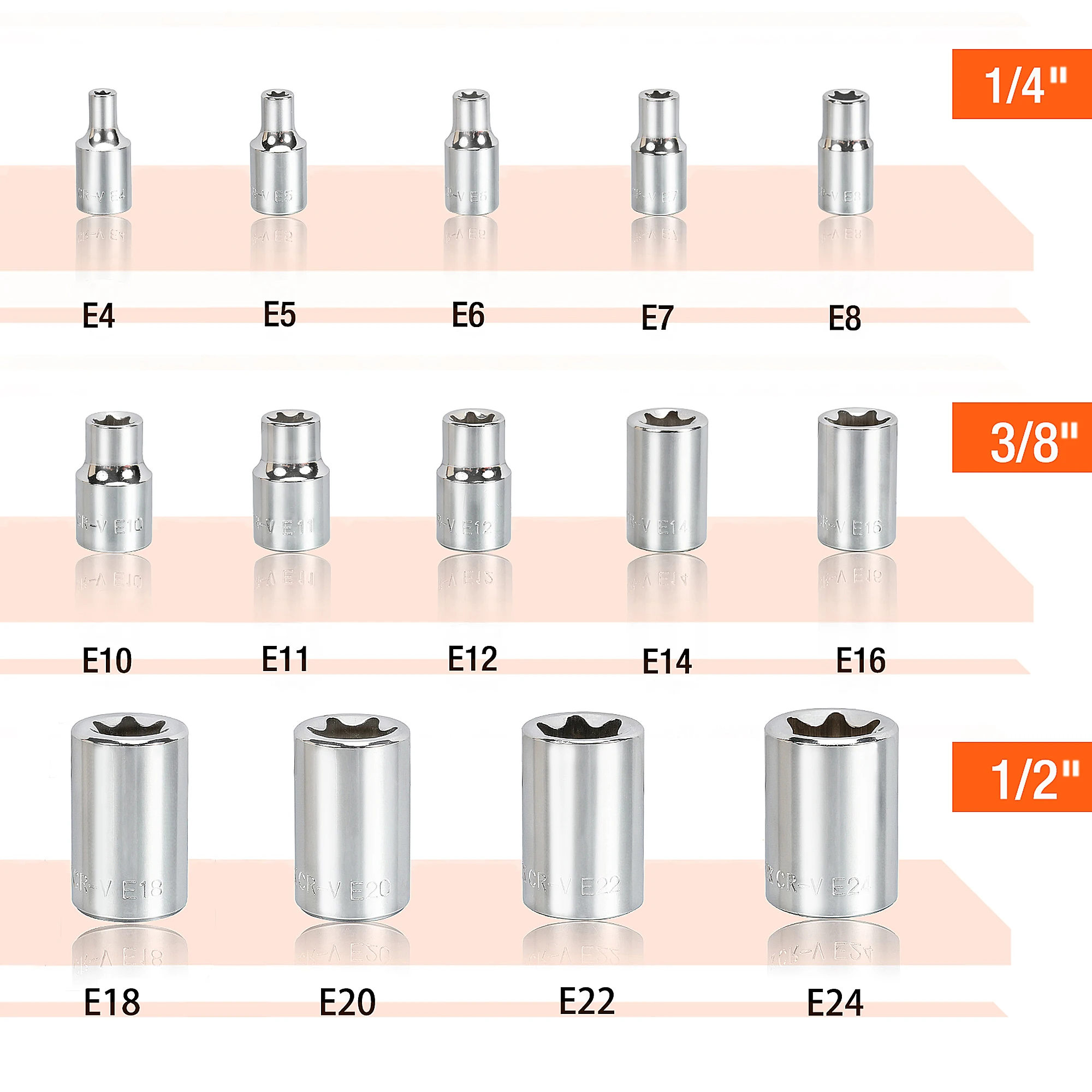 ValueMax 14-Piece Female E-Torx Star Socket Set, 1/4", 3/8" and 1/2" Drive, Female External Star Socket Set with Rail, Cr-V Stee