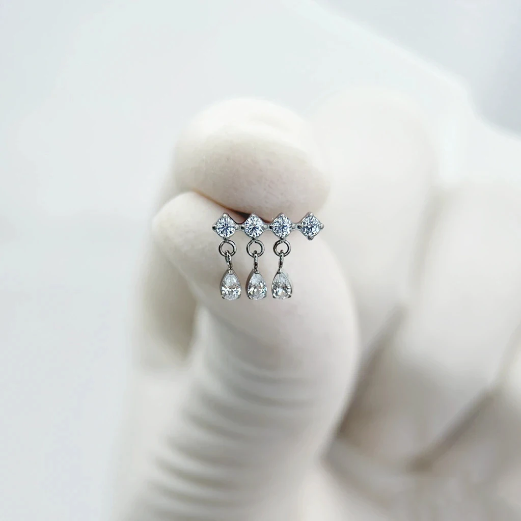 New Luxury Titanium Piercings Cubic Zirconia Wedding Dangle Earring Tassel Internally Threaded End Piercing Jewelry