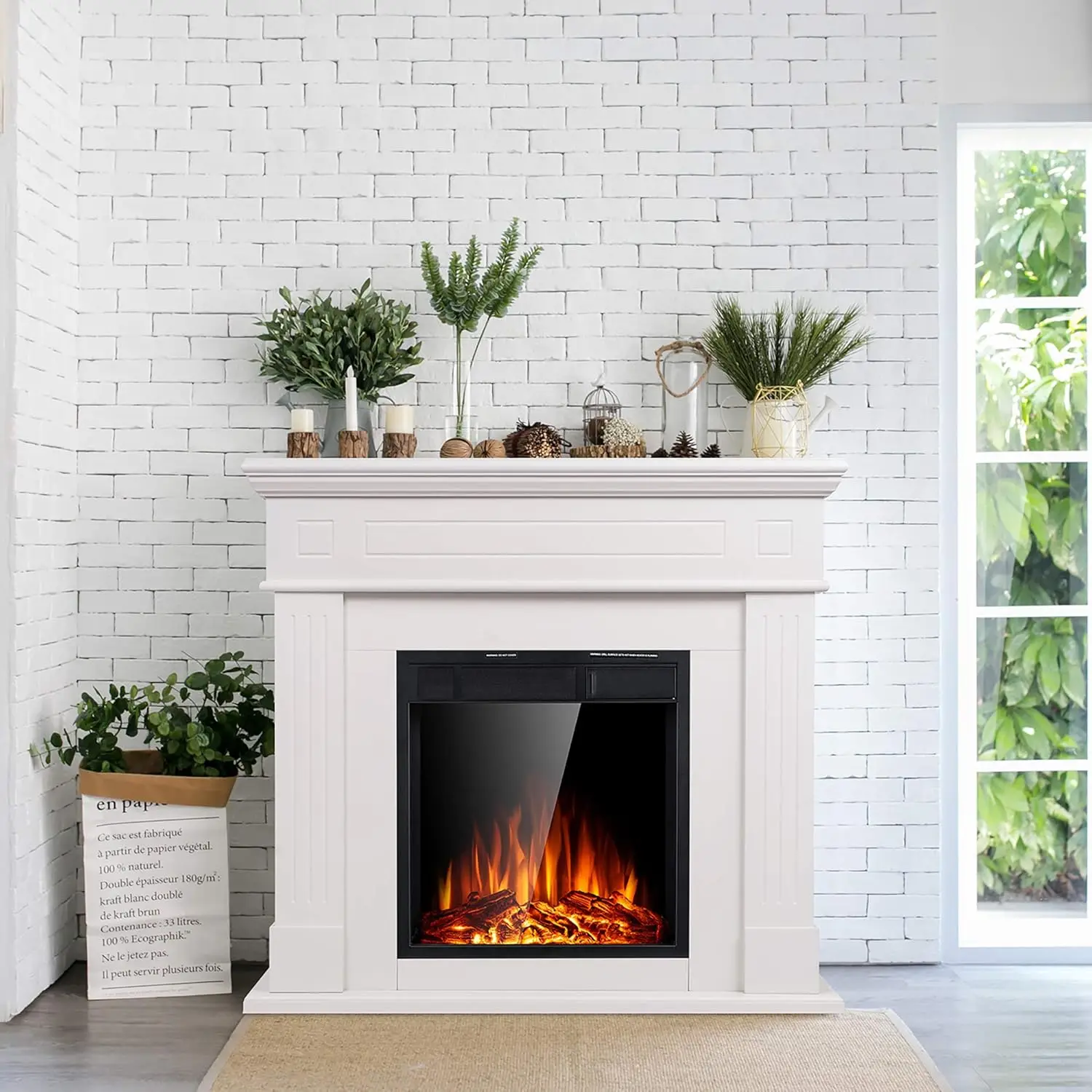 Electric Fireplace Mantel Package Wooden Surround Firebox TV Stand Free Standing  Logs,Adjustable Led Flame,Remote Control,White 2