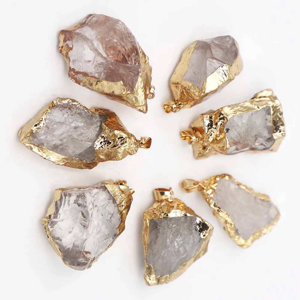 Free Shipping Natural Raw Ore White Crystal Necklace Irregular Gold Rim Pendant DIY Charm Creative Jewelry Accessories 7Pcs/Lot