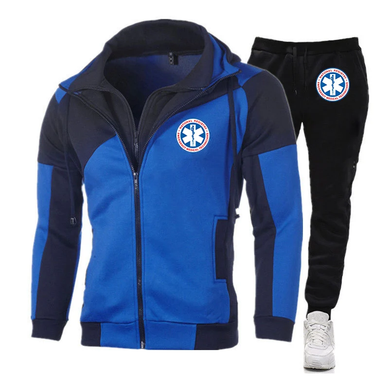 Men Emergency Ambulance Print Zipper Tracksuit Hoodies Sweatpants Set
