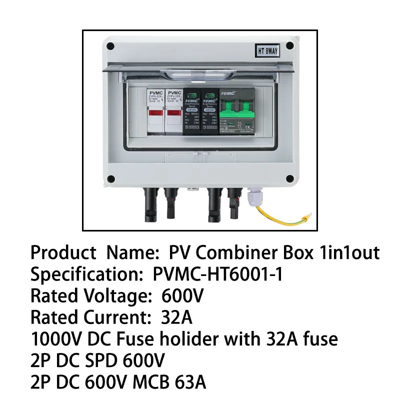 PVMC 1 in 1 out DC 600V Solar photovoltaic PV Combiner Box Lightning Protection
