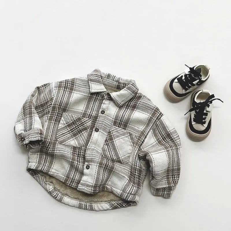 

2023 Winter New Children Long Sleeve Fleece Shirts Vintage Boys Shirts Jacket Plus Velvet Thick Baby Tops Warm Kids Clothes