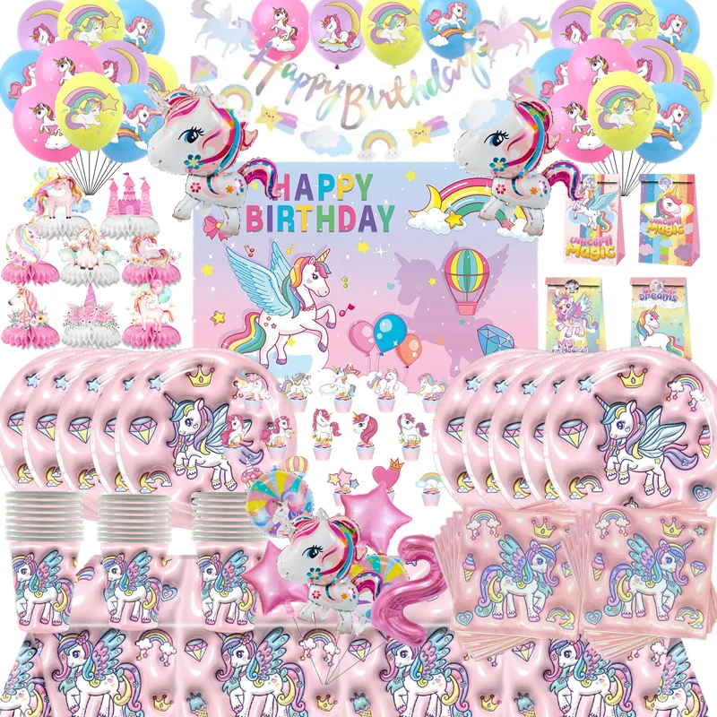 Rainbow Unicorn Disposable Tableware Set Girl Unicorn Theme Birthday Party Decoration Favors Kids Paper Plates Cups Supplies