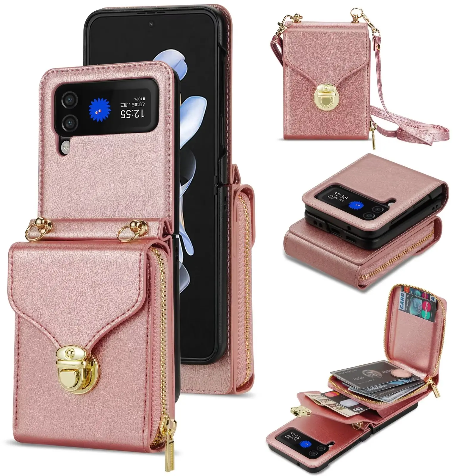 Crossbody Z Flip 5 Case,leather Wallet Shockproof Case For Samsung