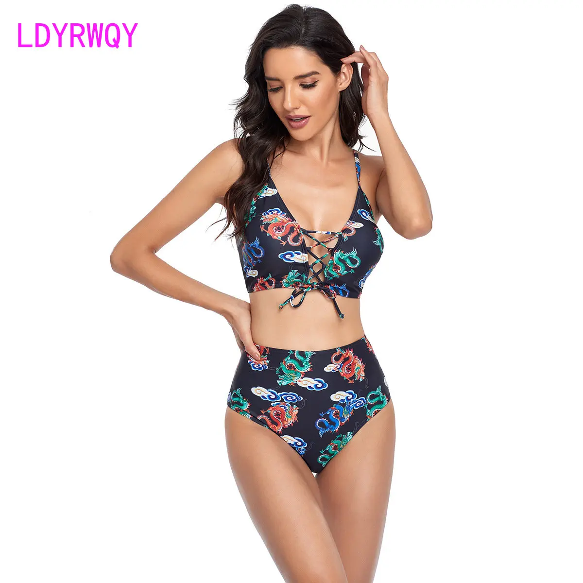 

New European and American split swimsuit Women's tie-dyed high waist two-piece swimsuit Swimming wading Bikini