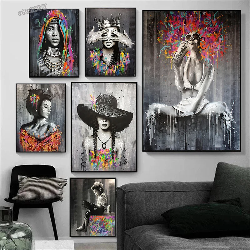 

Canvas Prints Wall Art Abstract Woman Graffiti Art Canvas Painting Portrait Street Art Posters Cuadros Mural for Living Room