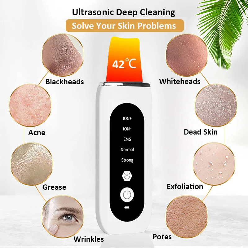 Ultrasonic Skin Scrubber Facial Shovel Deep Cleaning Blackhead Remover Face Pore Cleanser Dead Peeling Cavitation Ion EMS Lift